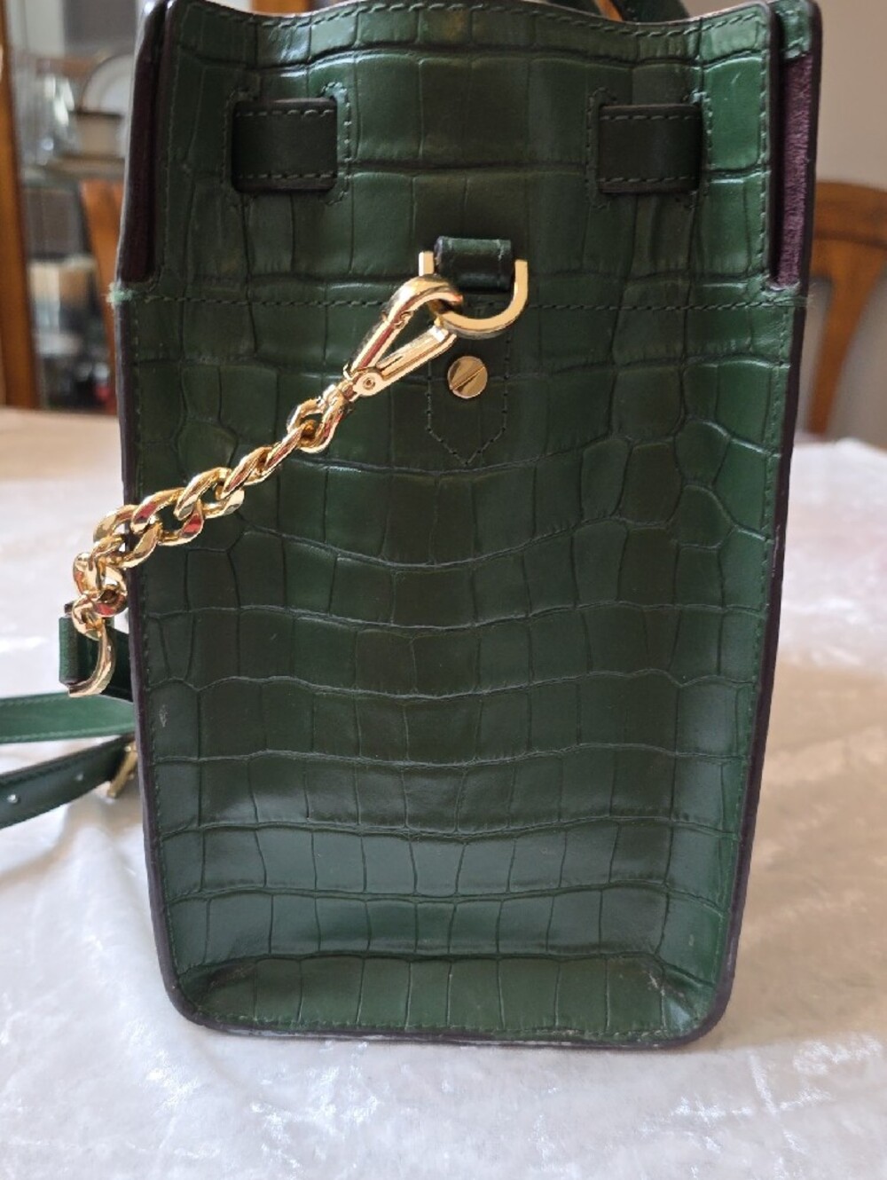 Michael Kors Nouveau Hamilton Dark Green Croc-Embossed Leather Satchel - Picture 4 of 16